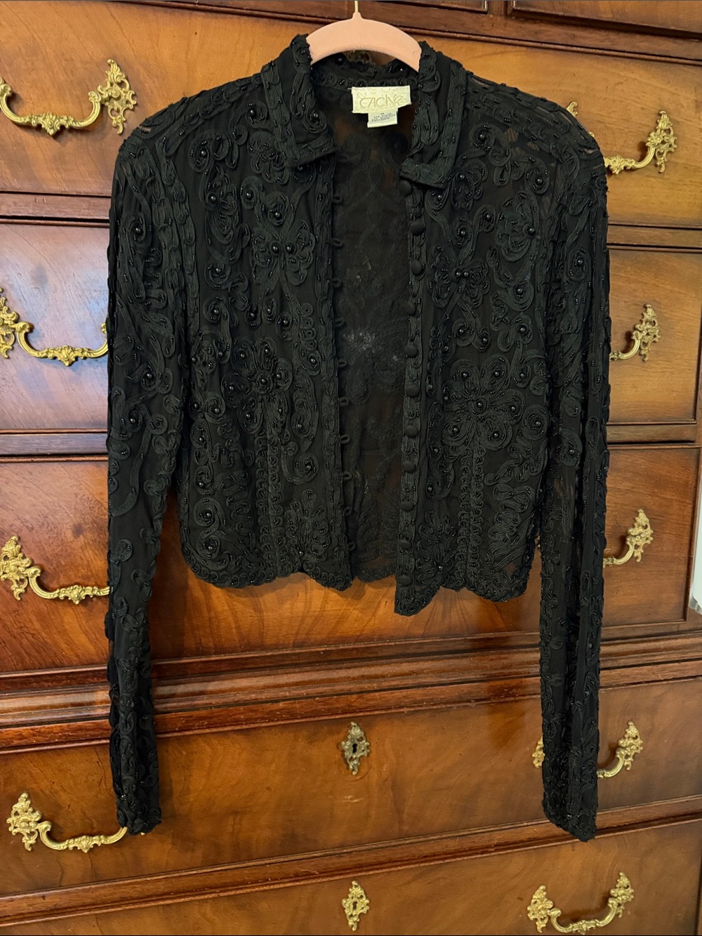 Vintage Cache Entirely Black Beaded Cropped Long Sleeve Jacket or Button Blouse